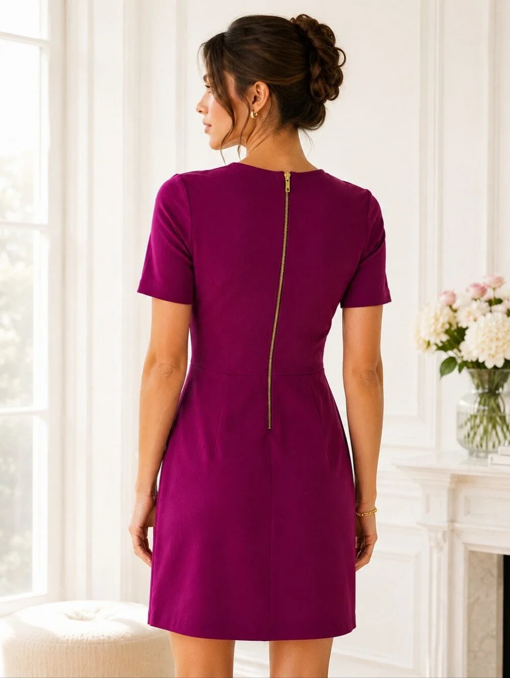 Bar III Magenta Sheath Dress | Size XS | Short Sleeve Faux Wrap Mini Career